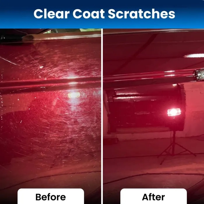 Red car panel with clear coat scratches before and after NanoPolix, brand photo
